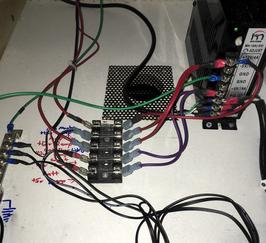 The switching power supply, fuse block and ground bus bar.